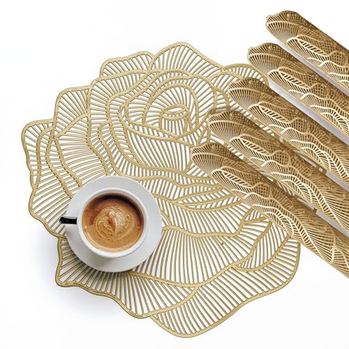 Image of Kuber Industries Leather Table Mats Set of 6 | Reusable & Washable Placemat /Dining Table Mat for Wedding and Family Functions | Rose Design - Copper