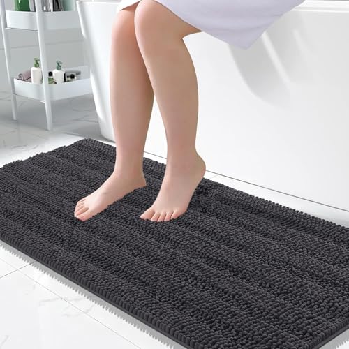 Image of OLANLY Thick Large Bathroom Rugs 50x30, Extra Soft Absorbent Chenille Striped Bath Rugs, Rubber Backing, Machine Wash, Bath Mats for Bathroom Floor, Tub and Shower, Home Decor Accessories, Dark Grey