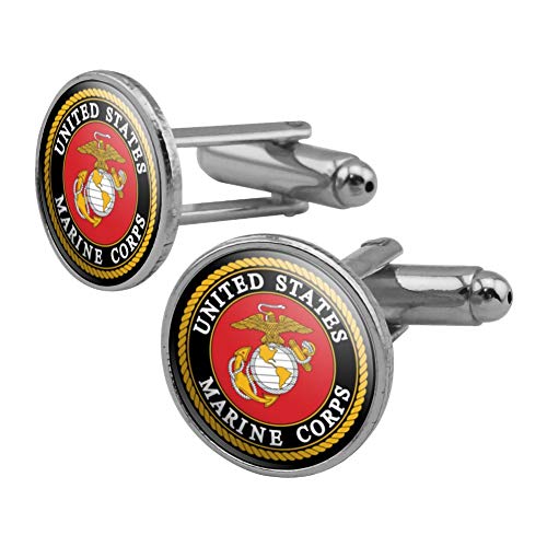 GRAPHICS & MORE Marines USMC Emblem Black Yellow Red Officially Licensed Round Cufflink Set Silver Color