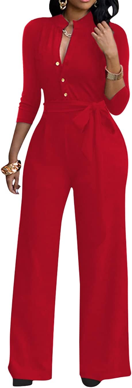 Sexy 3/4 Sleeve Jumpsuit for Women V Neck High Waisted Long Wide Leg Pant Button Down Party Romper with Belt