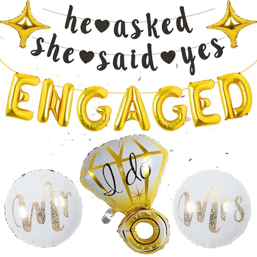 Hochzeit Verlobung Deko Schwarzgold - 32 Stück Set, Gold Engaged Luftballons, She Said Yes Banner, Mr, Mrs, Diamant, Ehering Ring Ballon, Zubehör für Verlobungsfeiern, Bride To Be Deko Hochzeit Verlobung Deko Schwarzgold - 32 Stück Set, Gold Engaged Luftballons, She Said Yes Banner, Mr, Mrs, Diamant, Ehering Ring Ballon, Zubehör für Verlobungsfeiern, Bride To Be Deko