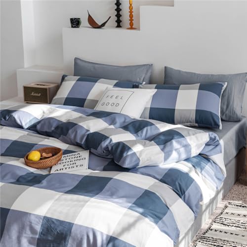 Image of Queen Comforter Set Modern Style Checkered Pattern Comforter Set Boho Farmhouse Blue White Grey Geometric Plaid Comforter with 2 Pillowcases Soft Fluffy 3 Pieces Lightweight Bedding for All Seasons