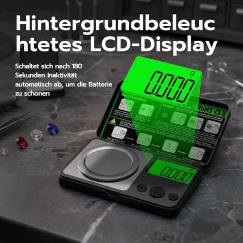 Wigearss 50g/0.001g Feinwaage Hochpräzise, Electronische Milligramm Waage, Digitalwaage mit Cal-Gewicht, Pinzette, Tray und Schaufel