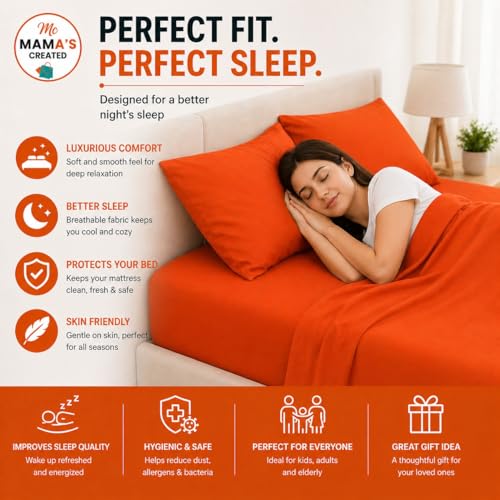 Image of King Size Bed Sheet - 600 Thread Count Single Flat Sheet Only - Long Staple Egyptian Cotton Top Sheet Wrinkle & Fade Resistant - Orange