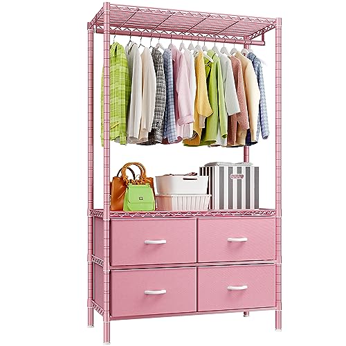 Image of Raybee Clothing Rack, Clothes Racks for Hanging Clothes Rack Heavy Duty Clothes Rack Adjustable Clothing Racks for Hanging Clothes Metal Garment Rack with 4 Large Fabric Drawers Portable Closet, Pink
