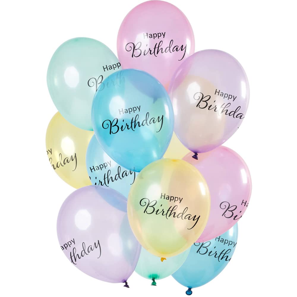 Folat 69330 Happy Birthday Balloons Pastel Transparent 30 cm Pack of 12 Latex Helium Balloons Birthday Decoration Multicoloured 30 cm