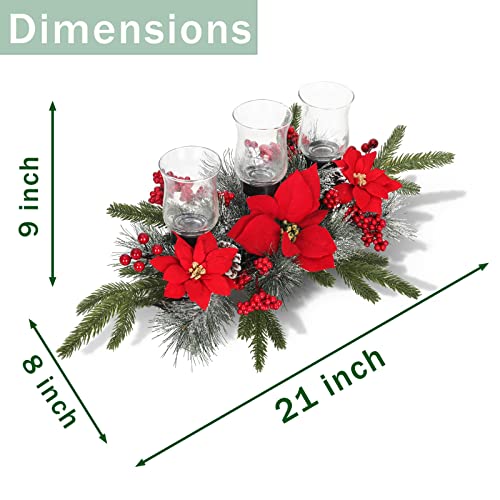Christmas Centerpiece Table Decorations, Includes 3 Glass Candle Holders With Artificial Poinsettia, Red Berries And Snowy Pine Cones Candelabrum For Dinning Room Table, Fireplace Mantel - 20 Inch #TOP2