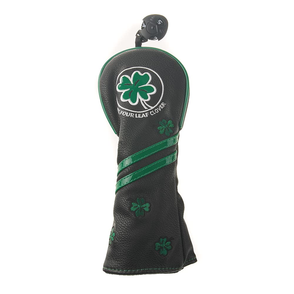 GOOACTION Golf Club Hybrid Schlägerhaube mit grünem Glücksklee Kreative Stickerei Muster Kunstleder Schwarz Golf Schläger (Austauschbarer Tag 2.3.4.5.7.X)