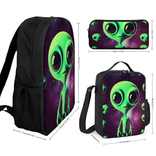 3 Piece Backpack for Women Men Lightweight Causal Daypack Shoulder Bag Set with Insulated Lunch Bag And Pencil Case Organizers Green Alien2