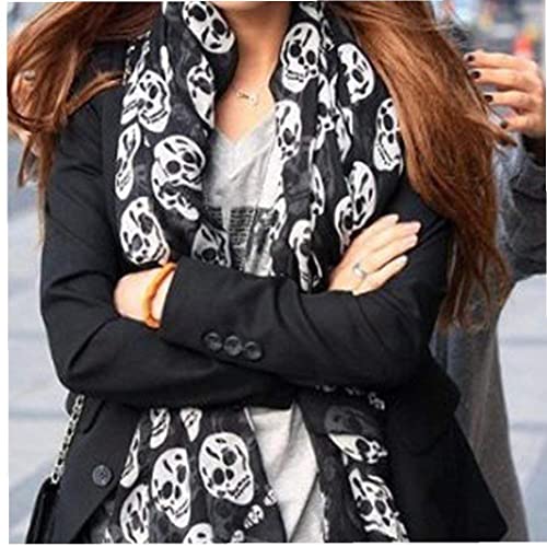 Soft Chiffon Silk Scarf Skull Print Scarf Summer Beach Long Lightweight Shawl Fashion Scarves Hijab for Women(Black)2