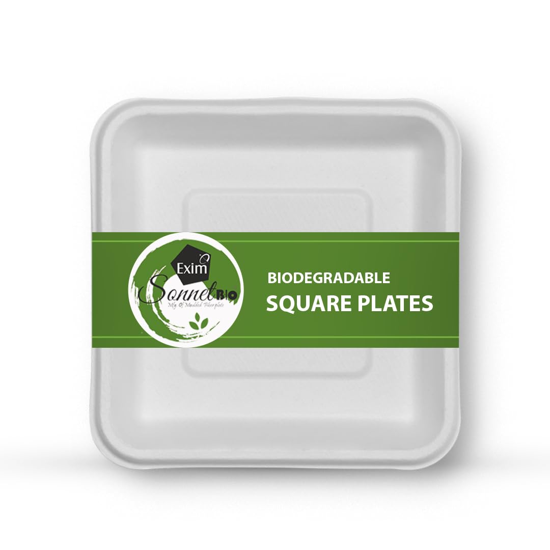 EXIM SONNET 1 Dimension Square Plate Pack of 100, 100% Eco-Friendly & Biodegradable Disposable Plate, Sturdy & Reliable Sugarecane Bagasse Plates, Paper Plate for Party, Wedding & Birthday.