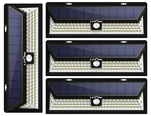 LITOM Enhanced 102 LED Super Bright Solar Lights Outdoor, Solar Motion Sensor Lights with 270°Wide Angle, IP65 Waterproof, Easy-to-install Security Lights for Front Door, Yard, Garage, Deck(4 Pack)