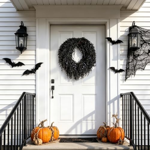 Image of DN DECONATION Halloween Wreath for Front Door, Decorations for Outdoor | 20in, Black Pine Wreath with Berries, Perfect for Fall Halloween Decorations, Farmhouse Home Wall Mantle Door Decor