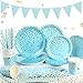 Yidaxing 122 Pezzi Stoviglie per Feste, Stoviglie per Feste di Compleanno, Blu Oro Carta Stoviglie per Feste a Pois per For Varie Feste, Matrimoni, Anniversari, Compleanni (24 Ospiti)