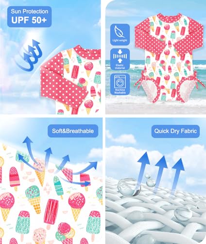 Image of BesserBay Baby Girl Swimsuit UPF 50+ Long Sleeve Zipper Snaps Bottom One Piece Rash Guard 0-36 Months