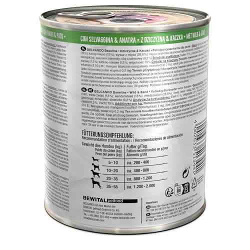 BELCANDO Baseline Nassfutter für Hunde, Wild & Ente, 6X 800g Dose, 70% Fleisch für ausgewachsene Hunde, Hundefutter nass ohne Getreide, Made in Germany