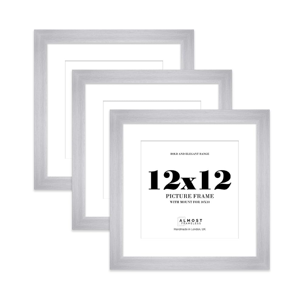 12x12" Silver Square Frame With Mount for 10x10" Pictures 28mm Edge Frame Display with Wall Hooks and Kickstand, 3 Pack