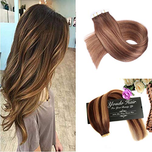 Tape In Hair Extensions YOUDO Ombre Glue In Extensions Balayage Color #4 Fading to #27 and #4 Brown Highlighted 50g 20Pcs/Package,18inch