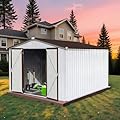 10 x 8 FT Outdoor Storage Shed, Metal Garden Tool Shed with Slooping Roof, Lockable Doors and Aluminum Frames, Easy to Assemble for Garden, Patio, Lawn, White