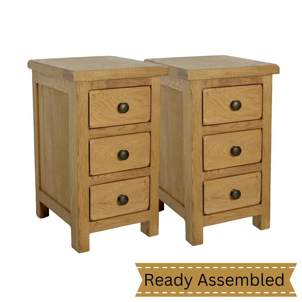 GROFurniture Oak Bedside Table Set (2) - Slim 3 Drawer Wooden Nightstands, Fully Assembled ready to use for Bedroom, Living room and study room