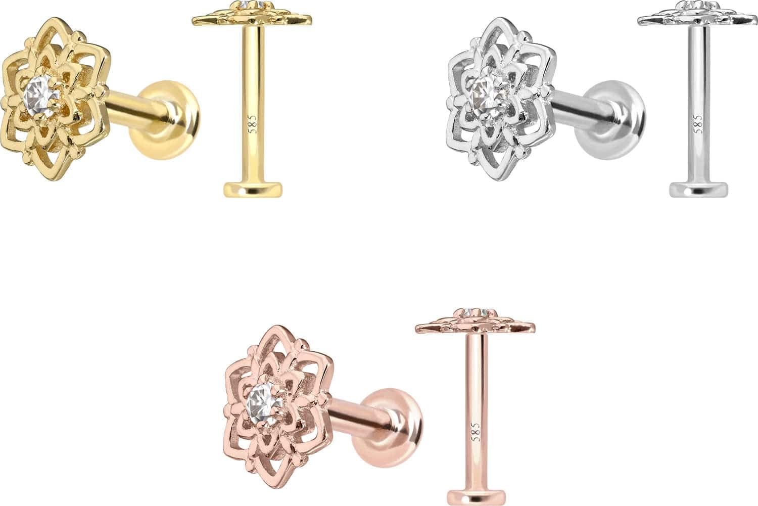 PIERCINGLINE Piercing Stecker 14 Gold Labret mit Innengewinde MOISSANIT + BLUME 585er Gold - Roségoldfarben, Goldfarben, Silberfarben