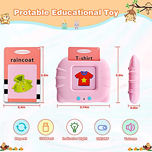 Talking Flash Cards Learning Toys for Toddlers 1-6 Year Old,British English, 224 Words, Audible Educational Toys, Preschool Learning Resource Electronic Interactive Toy Birthday Gifts for Kids-Pink