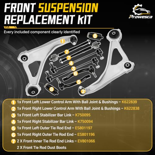 Prowesca 10PC Front Suspension Kit with Tie Rod Ends Fits 15-18 Nissan Altima L4 2.5L / V6 3.5L, 16-23 Nissan Maxima V6 3.5L Replace K622839 K622838 K750095 K750094 ES801197 ES801196 EV801066 by Prowesca - Used condition - Image 3