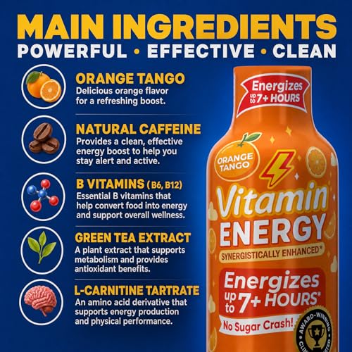 Image of Vitamin Energy Orange Tango Extra Strength Energy Shot, 12 Pack - Up to 7 Hrs, 260mg Natural Caffeine, Zero Sugar - Green Tea Extract, Immune Support, B12 B6 Niacin, 1.93 fl oz, Keto Vegan