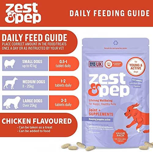 Zest & Pep Premium Hip & Joint Supplements for Dogs - Puppy & Young Dog Supplements - Glucosamine, Turmeric, Omega 3 Green Lipped Mussel for Dogs, Young Dog Joint Tablets (120 Ct)
