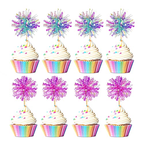 30PCS Cupcake Toppers, Takemay Sparkle Blue and Purple Foil Firew...