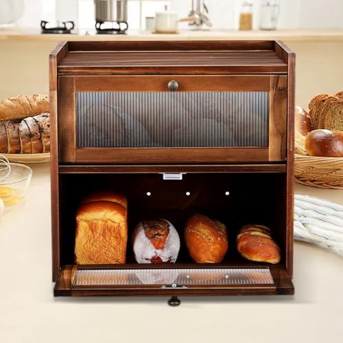 Récipient de rangement en bois Cabilock grande capacité double couche pour pain