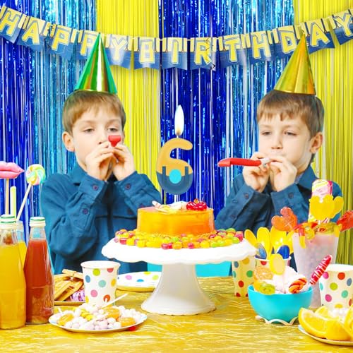 Image of Yellow Jeans Cartoon Themed Birthday Party Decoration, 4 Pack Big Eyes Party Photo Booth Prop, Yellow Jeans Fringe Curtains Tinsel Photo Streamers Backdrop for Cartoon Party Supplies