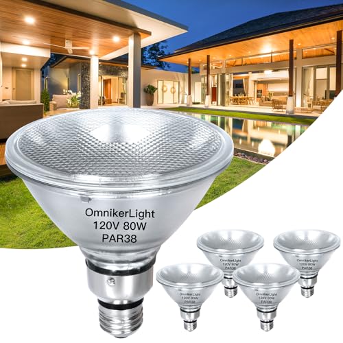 Omnikerlight PAR38 Flood Light Bulbs, 80W 120V Halogen Bulb Dimmable, E26 Base PAR38 Bulb 2700K Warm White for Indoor and Outdoor, High Brightness PAR38 Halogen Flood Light - 4PACK