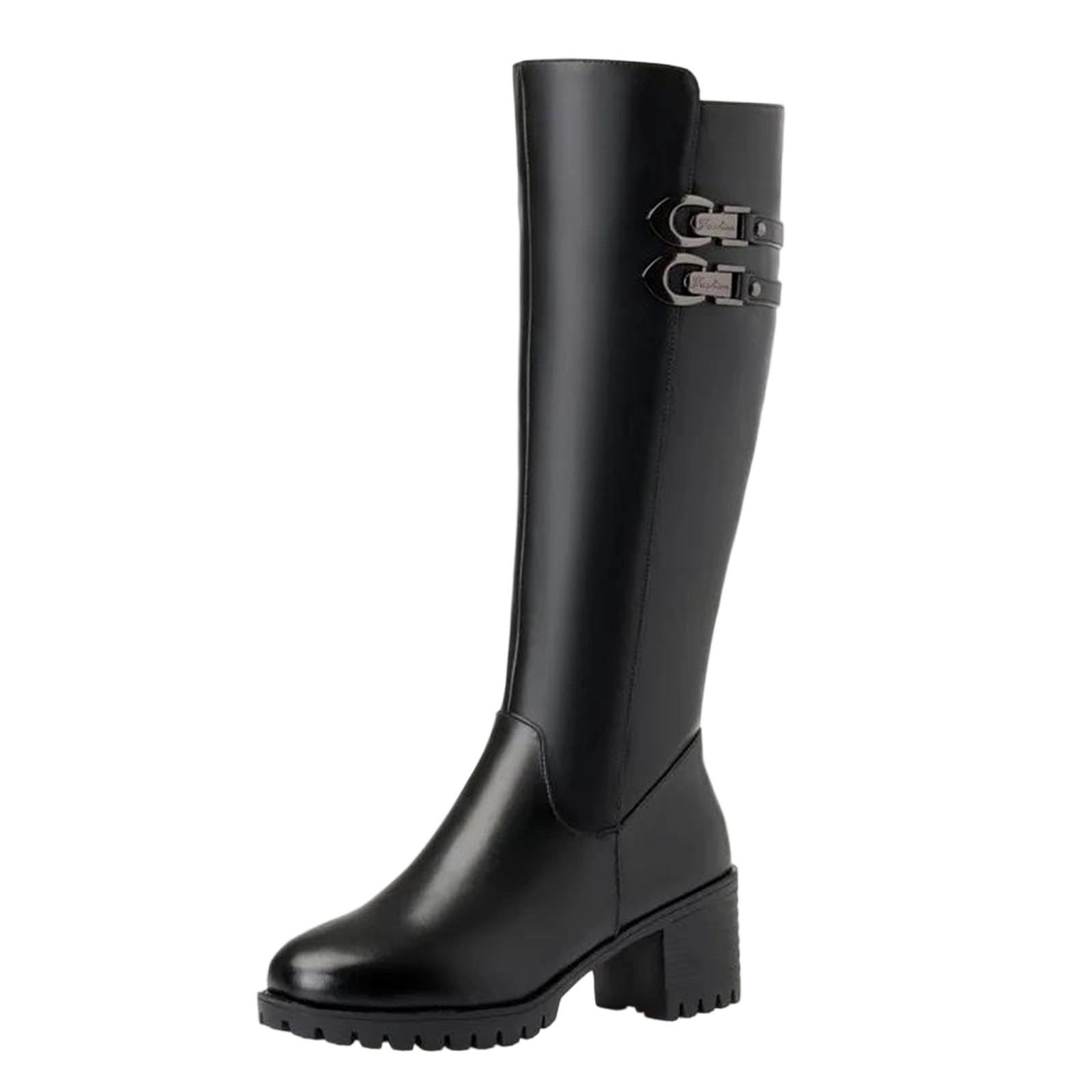 Women Genuine Leather Winter Wool High Heel High Boots Big Size Warm Snow Footwear Shoes Female