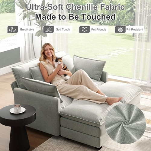 Image of 58 inch Cloud Couch Sectional Modular Sofa, Deep Seat Couches with Ottoman and Removable Washable Pillows for Living Room, Bedroom, Apartment, Light Grey