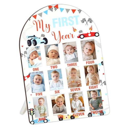 Cheerupp Race Car My First Year Photo Frame Board, 12 x 17 Inch Baby's First Year Birthday Wooden Picture Frame, Newborn 12 Months Milestone Picture Memories Display Board, Gifts for 1st Birthday Nursery Keepsake Decorations