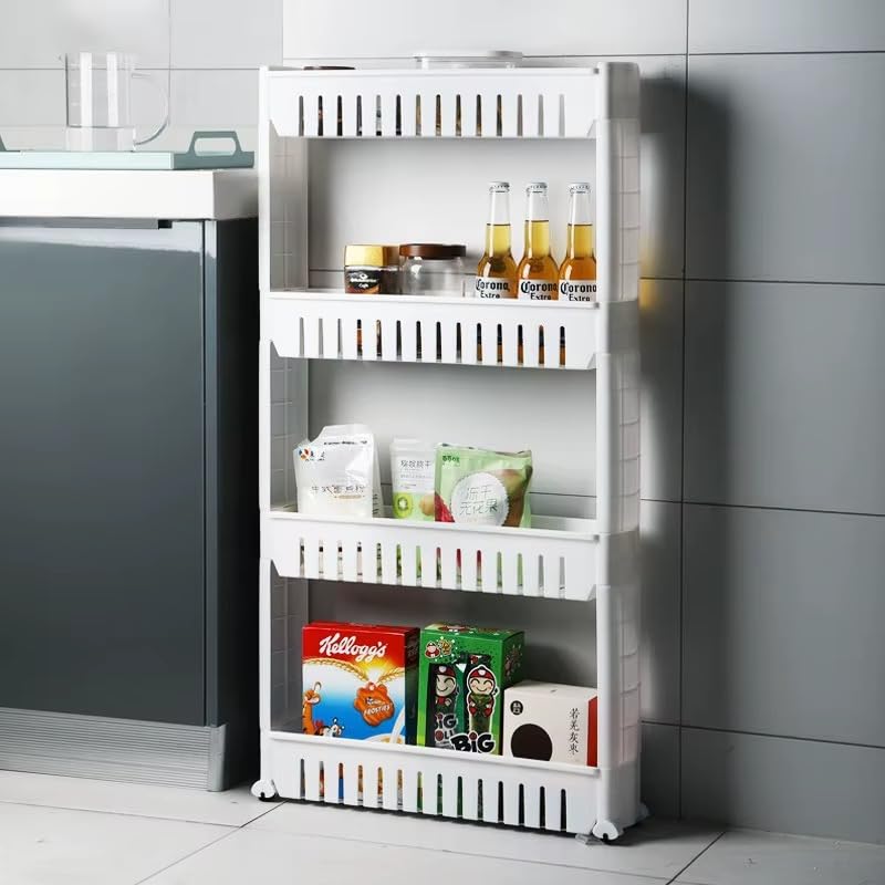Image of JD FRESH 4-Tier Slim Rolling Storage Organizer Rack /Fridge Side Storage Rack /Plastic Trolley Storage Stand with Wheels /Floor Standing Cabinet for Bathroom and Kitchen Corner Area (White)
