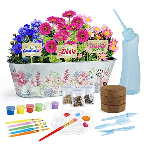 Garden Flower Growing Kit for Girls and Boys Ages 5 6 7 8 9 10-Grow Zinnia/Cosmos/Cornflower Flowers: Includes Everything Needed to Grow Your Own GardenBest Gardening Science Gifts for Kids