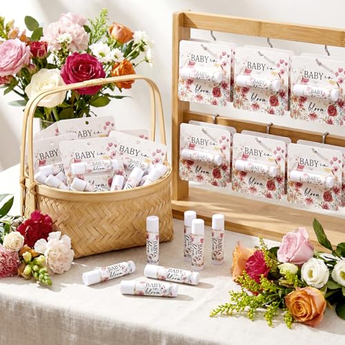 Image of 24 Pcs Baby Shower Lip Balm Party Favors Bulk, Baby in Bloom Floral Gifts for Guests, Pink Wildflower Gender Reveal Decorations, Mini Lip Balm Moisturizing Set