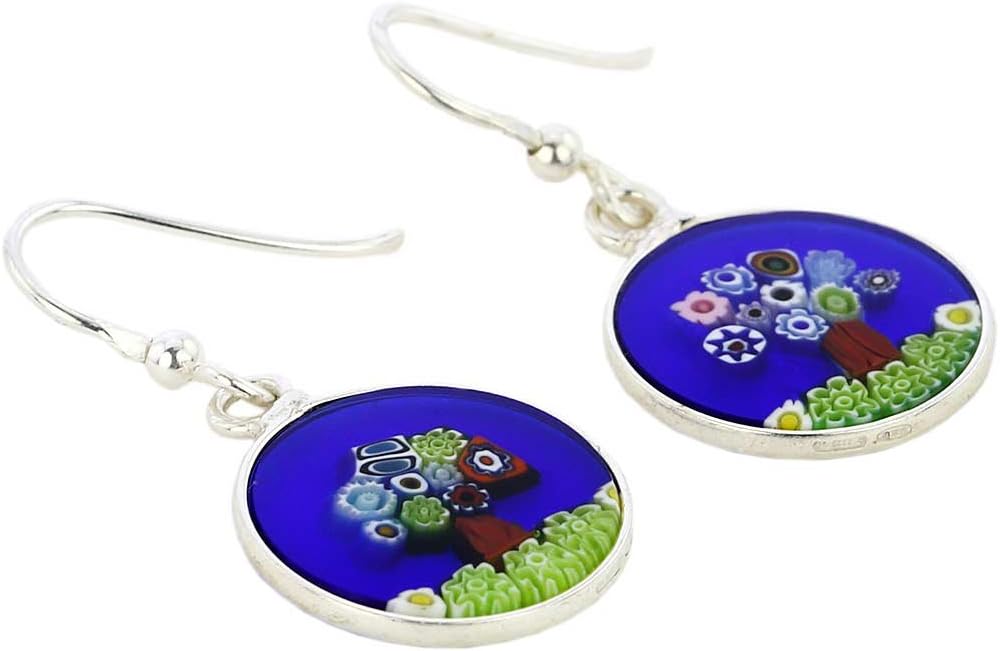Glass Of Venice Murano Glass Millefiori Round Dangle Earrings Tree of Life - Silver