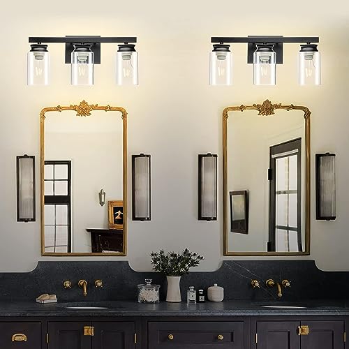 Image of Bathroom Vanity Light, 3-Light Modern Matte Black Wall Sconce Lighting with Clear Glass Shade, Black Wall Lights, Vanity Lighting Over Mirror for Bedroom, Living Room-1Pack