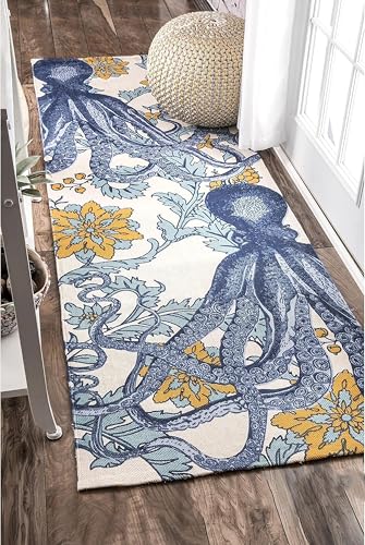 Image of Hand Woven 100% Natural Cotton Export Quality Designer Rug,Carpet, Bed Side Runner for Bedroom,Living Room, Size-2x5 feet or 60 cms x 152 cms (Blue Octopus)