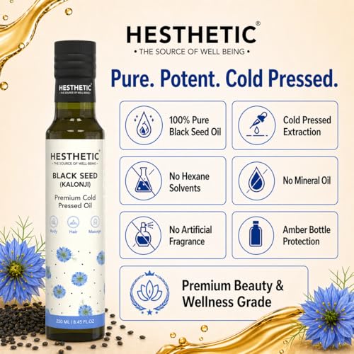 Image of HESTHETIC Cold Pressed Black Seed Oil 250ml for Hair, Skin & Scalp | Pure Kalonji (Nigella Sativa) Beauty Oil - Thymoquinone Rich | Glass Bottle | Pre-Wash Ritual & Facial Massage Use