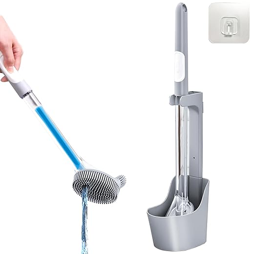 Silicone Toilet Bowl Brush and Holder Set, Bathroom Toilet Bowl Cleaner Brush, refillable Toilet Brush with soap Dispenser
