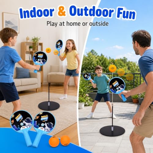 Image of Space Theme Table Tennis Trainer for Kids|Indoor Ping Pong Set with Elastic Rebound Shaft|Includes 1 Base,2 Rackets,2 Balls & 1 Wire Sleeve|Active Sports Toy for Reflex & Coordination