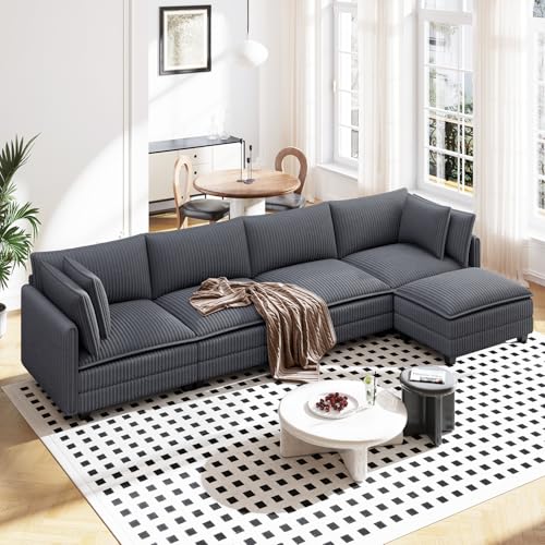 Image of Vesgantti Sectional Sofa, Comfy Corduroy Couches for Living Room, Modern Couch with Ottoman, Grey