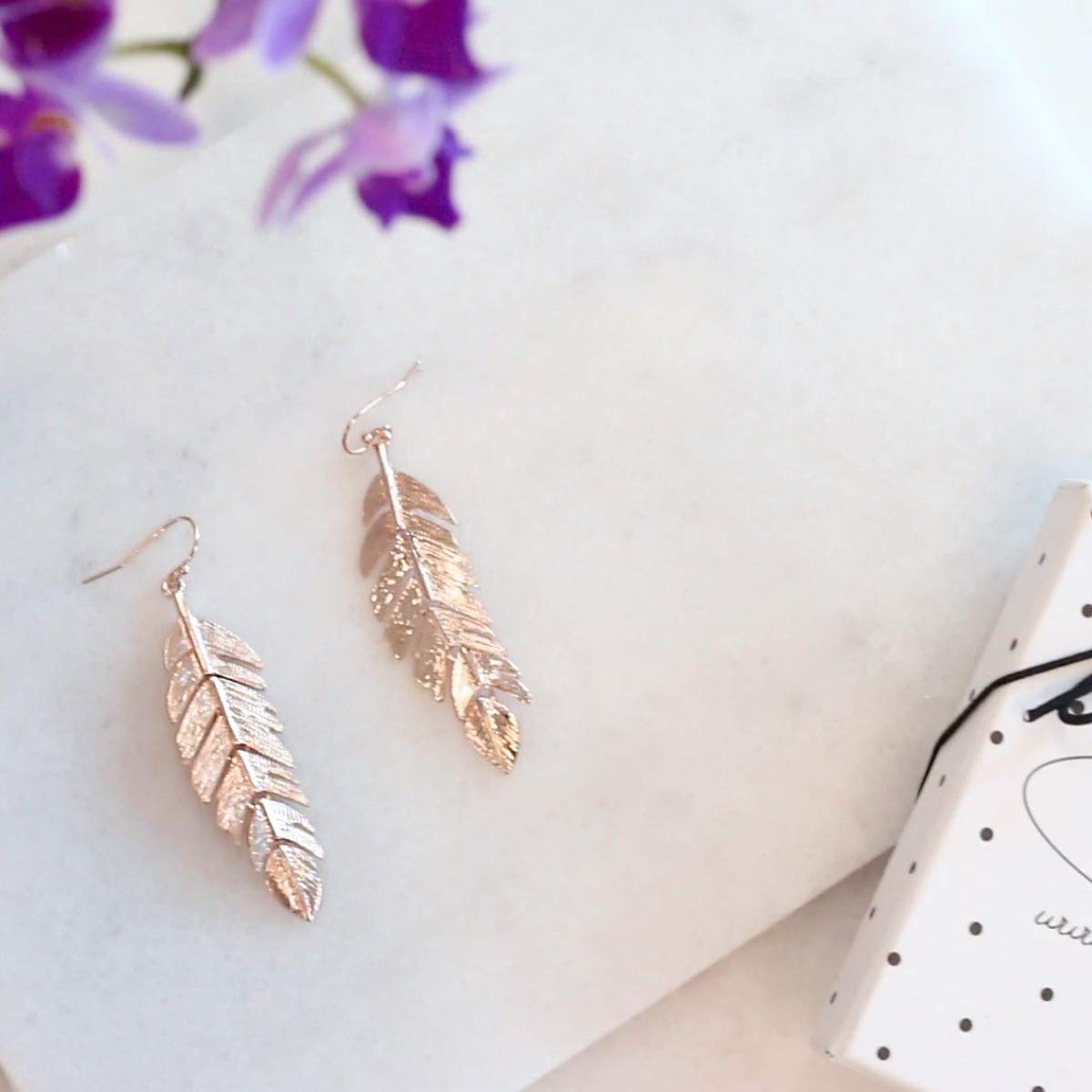 Leaf Earrings for Women - Long Hanging Boho Feather Earrings Plated in Gold, , or Rose Gold Tone: Rose Gold