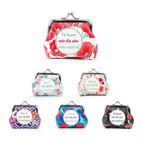 Pack de 12 a 36 uds Monedero Floral con Frase Inspiradora | Polipiel con Cierre Metálico | Regalos Invitados Comunión, Bodas, Bautizos | 6 Diseños | 8,5x7cm | Regalantes (12)