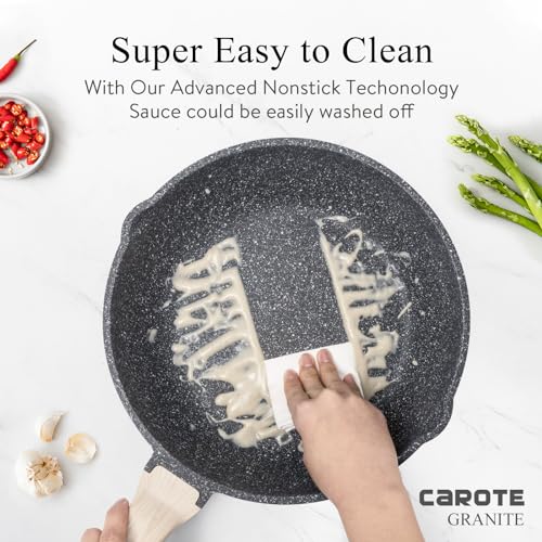 Image of CAROTE Induction Frying Pan, 28 cm Saute Pan with Lid, Non-Stick Coating for All Heat Sources Including Induction, PFOA Free, Wok for Everyday Cooking