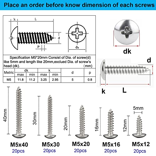 FandWay 100Pcs Self Tapping Screws 304 Stainless Steel,M5 Wood Screws Kit,Truss Head Self Drilling Screw,Round Head Sheet Metal Screw Phillips Drive for DIY WoodWork Repairs - Image 3